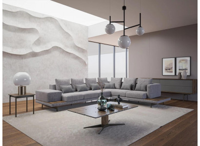 Luksusowa szara sofa tapicerowana w kształcie litery L Drewno stolik kawowy ze Stolik Living Room