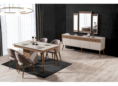 Designerski zestaw jadalnia 9-częściowy Stół obiadowy I 4x Krzesła Kredens z 3x Lustro