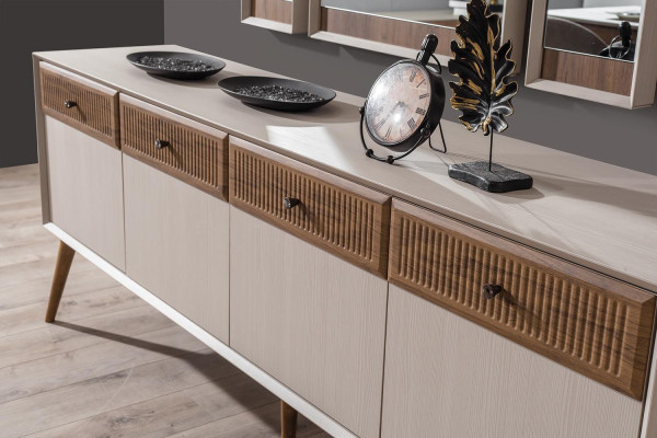 Designerski zestaw jadalnia 9-częściowy Stół obiadowy I 4x Krzesła Kredens z 3x Lustro
