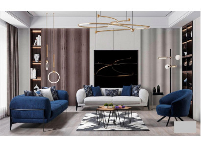 Luksusowy Zestaw sofowy 3+3+1 Siedziba Skóra Nowoczesna Sofa Fotel Niebieski Zestaw Sof 3szt Nowość