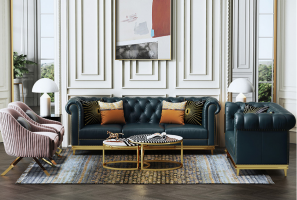 Ciemnoniebieski Chesterfield 3+2 Zestaw sofowy Żywy krajobraz sofy tapicerowane kanapy