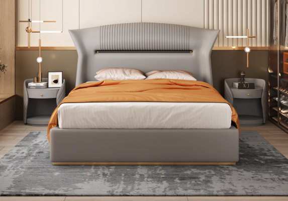 Szara Skóra Łóżko Design Sypialnia Meble Podwójne łóżko Luxury Hotel