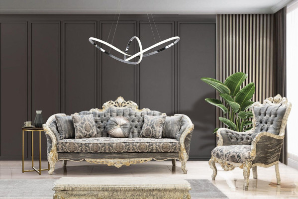 Sofa Barokowa 3 Siedziba Szary Salon Klasyczny Design Sofa Włókienniczy