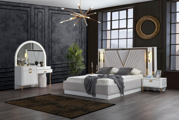 Sypialnia Zestaw Łóżko 2x Stolik nocny 4-częściowy design nowoczesny luksus w komplecie