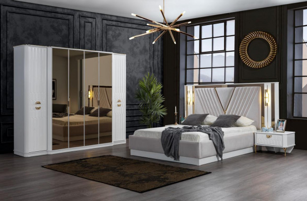 Sypialnia Zestaw Łóżko 2x Stolik nocny 4-częściowy design nowoczesny luksus w komplecie