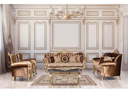 Zestaw kanapowy Złoty Aksamit Chesterfield Zestaw sofowy Sofa Meble Drewno 5szt