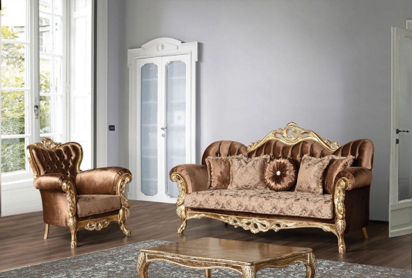 Zestaw kanapowy Złoty Aksamit Chesterfield Zestaw sofowy Sofa Meble Drewno 5szt