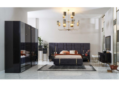 Design Podwójne łóżko Rama Luksusowa Sypialnia Drewno Zestaw 6szt Czarny