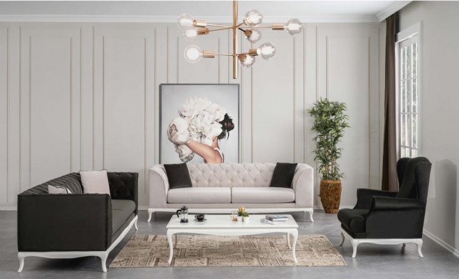 Chesterfield Kompletna Sofa Tkaninowa Sofy Tapicerowane Zestaw 4szt Czarny