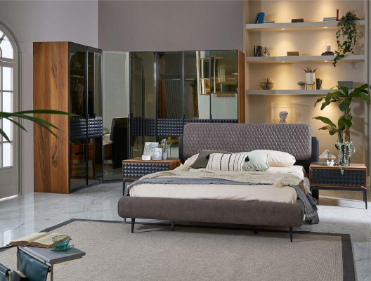 Łóżko Design Sypialnia Podwójne łóżko Rama łóżka Brown Drewno zestaw 4 sztuki