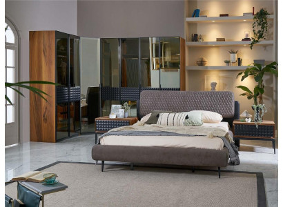 Łóżko Design Sypialnia Podwójne łóżko Rama łóżka Brown Drewno zestaw 4 sztuki
