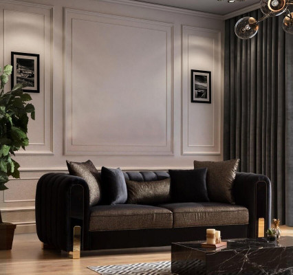 Sofa Trzyosobowa Trzyosobowa Nowoczesny Materiał Czarny Sofy Design Salon