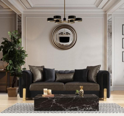 Sofa Trzyosobowa Trzyosobowa Nowoczesny Materiał Czarny Sofy Design Salon