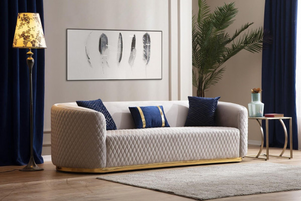 Beżowe, trzyosobowe meble ze stali nierdzewnej, luksusowe kanapy, designerskie meble do salonu