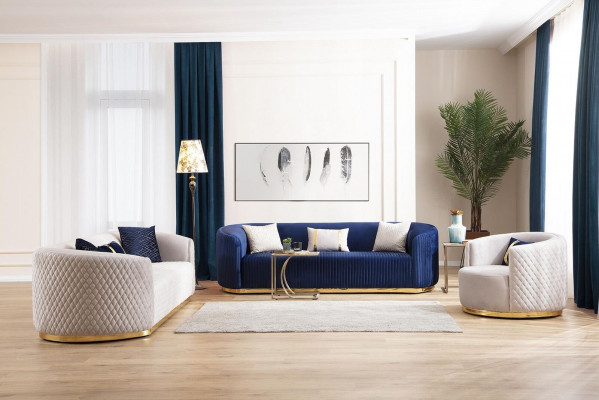 Beżowe, trzyosobowe meble ze stali nierdzewnej, luksusowe kanapy, designerskie meble do salonu