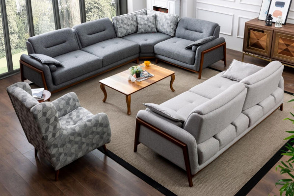 Zestaw do salonu Narożnikowa kanapa Kanapa w kształcie litery L Szara Podkładka 3 +1 miejsce do siedzenia Włókienniczy