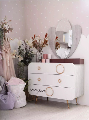Białe Drewno Kredens 3x szuflady designerskiego Lustro żłobek zestaw 2 sztuki