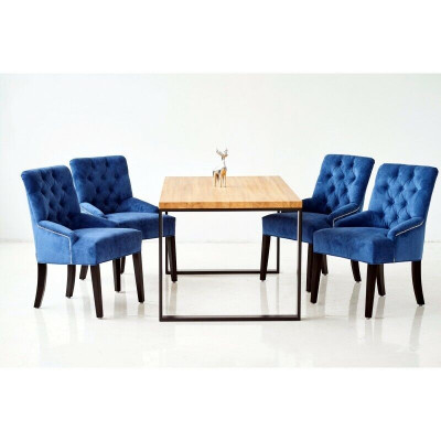 Nowoczesny komplet jadalnia designerski drewniany stół z niebieskimi krzesłami Chesterfield