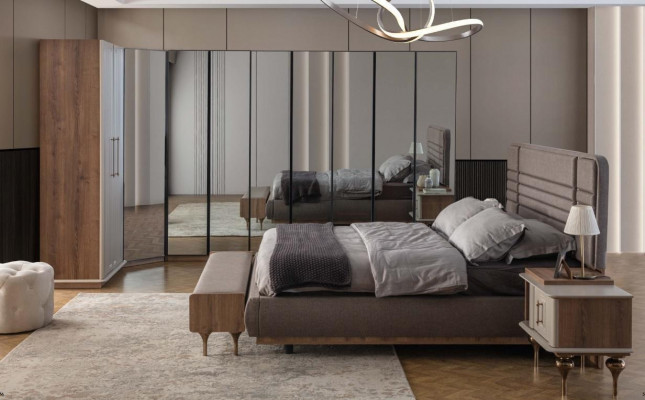 Designerski Zestaw Sypialnia Podwójne łóżko 2x Szafki nocne Szafka narożna 4-częściowa