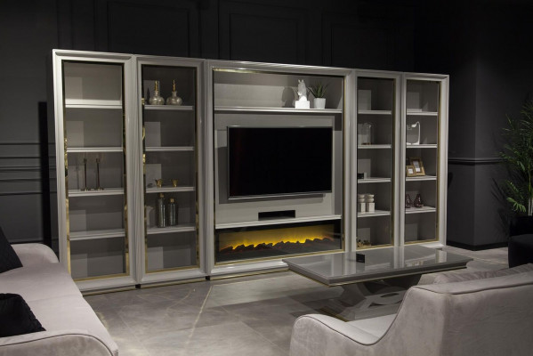 Masywna designerska szafka ścienna w salonie w eleganckim Białym