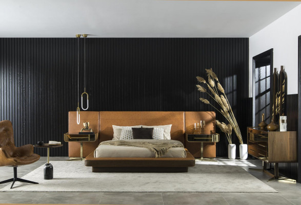 Design Sypialnia Łóżko z dwoma luksusowymi stolikami nocnymi Szkło stoły łóżka Hotel