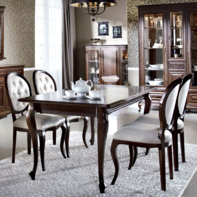 Ciemnobrązowe Drewno Stół obiadowy Classic Skóra Chesterfield Krzesła Designer 5szt. ustawić