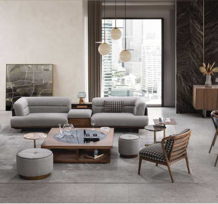 Luksusowy Zestaw do Salonu Szara Sofa z Fotel 2x Stołek Nowoczesny Design