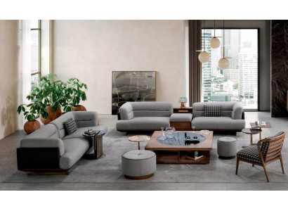 Luksusowy Zestaw do Salonu Szara Sofa z Fotel 2x Stołek Nowoczesny Design