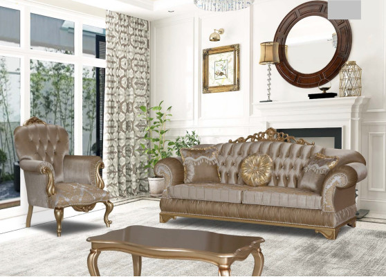 Klasyczna fotografia z beżowym wystrojem i designem Chesterfield w salonie