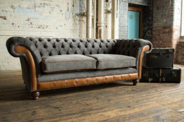XXL Sofa 3 miejsce do siedzenia Kanapa Chesterfield Podkładka Siedziba Ustawić Skóra Włókienniczy New Grey