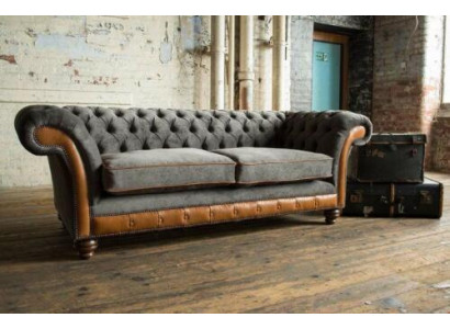 XXL Sofa 3 miejsce do siedzenia Kanapa Chesterfield Podkładka Siedziba Ustawić Skóra Włókienniczy New Grey