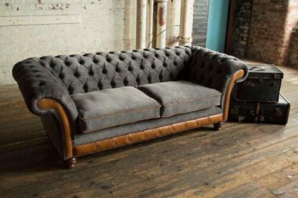 XXL Sofa 3 miejsce do siedzenia Kanapa Chesterfield Podkładka Siedziba Ustawić Skóra Włókienniczy New Grey