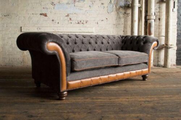 XXL Sofa 3 miejsce do siedzenia Kanapa Chesterfield Podkładka Siedziba Ustawić Skóra Włókienniczy New Grey