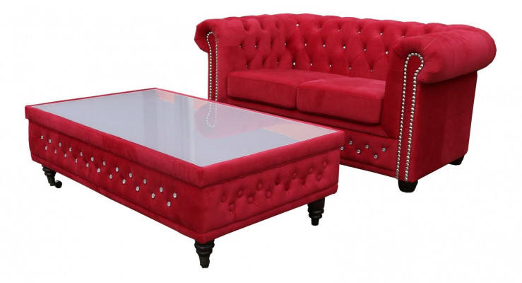 Chesterfield Włókienniczy Kanapa Podkładka 2 miejsce siedzące Materiał Sofy Kanapy Dwumiejscowe Czerwony