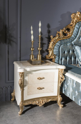 Klasyczny zestaw Chesterfield Łóżko Sypialnia Niebieski 2x Szafki nocne Złoty 3szt.