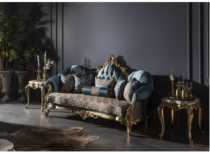 Zestaw do salonu niebieska sofa 3 miejsce do siedzenia Elegancki 2x Stolik projekt nowy 3-częściowy.