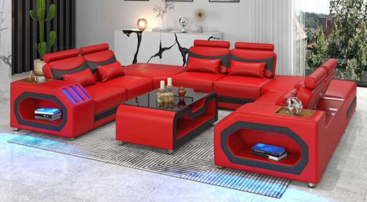Design Żywy krajobraz Duża sofa XXL w kształcie litery U Narożnikowa kanapa skórzana sofa Czerwony LED
