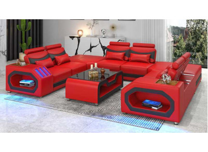 Design Żywy krajobraz Duża sofa XXL w kształcie litery U Narożnikowa kanapa skórzana sofa Czerwony LED