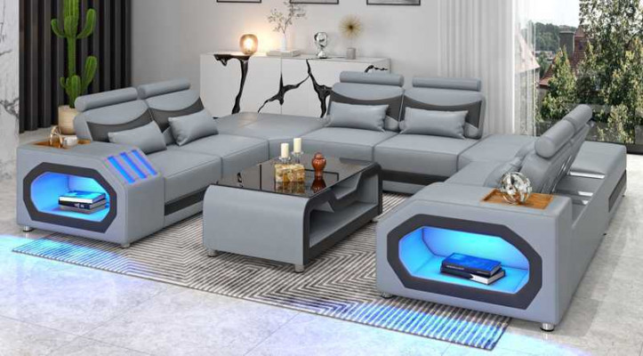 Design Żywy krajobraz Duża sofa XXL w kształcie litery U Narożnikowa kanapa skórzana sofa Czerwony LED