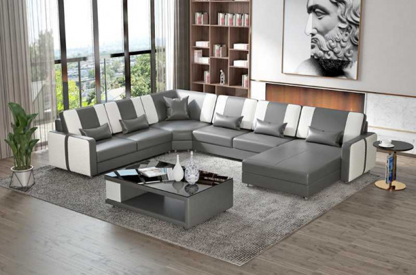 Duża Żywy krajobraz Sofa Narożnikowa kanapa U Shape Grey sztuczna skóra XXL Modern