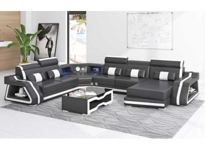 Duża Narożnikowa kanapa Żywy krajobraz XXL Sofa Skórzana Sofa U Shape Czarne Sofy