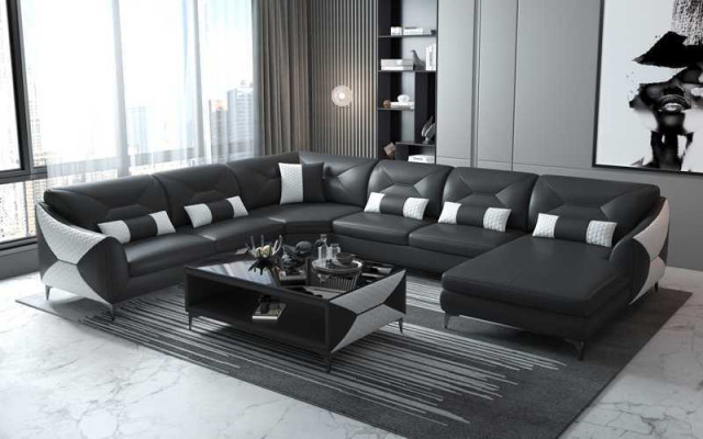 Duży Żywy krajobraz Sofa U Shape Narożnikowa kanapa Skórzana sofa Czarna sztuczna skóra