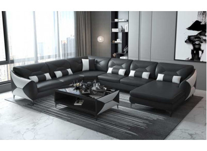 Duży Żywy krajobraz Sofa U Shape Narożnikowa kanapa Skórzana sofa Czarna sztuczna skóra