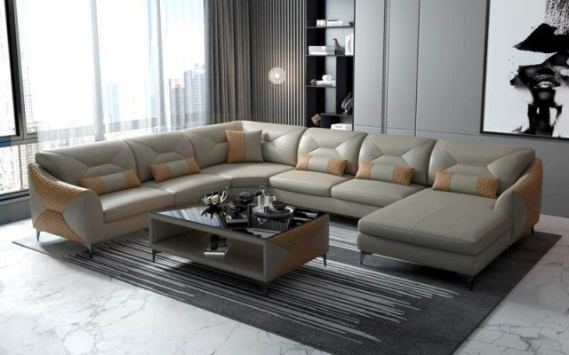 Duży Żywy krajobraz Sofa U Shape Narożnikowa kanapa Skórzana sofa Czarna sztuczna skóra