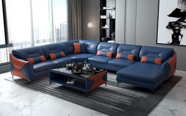 Duży Żywy krajobraz Sofa U Shape Narożnikowa kanapa Skórzana sofa Czarna sztuczna skóra