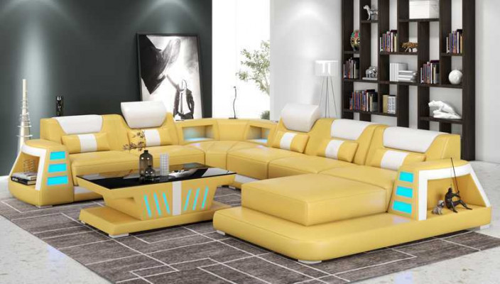 Kanapa Współczesna Narożnikowa kanapa U Shape Yellow Żywy krajobraz Skórzana Sofa Sofa