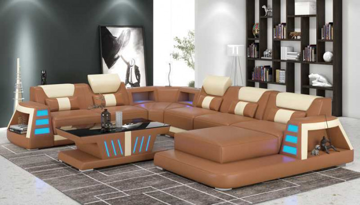 Kanapa Współczesna Narożnikowa kanapa U Shape Yellow Żywy krajobraz Skórzana Sofa Sofa