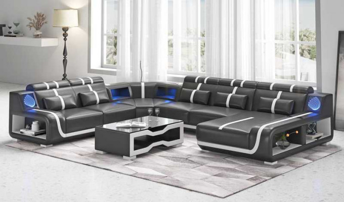 Żywy krajobraz XXL Sofa U Shape Duża Narożnikowa kanapa Skórzana Sofa Czarne Sofy