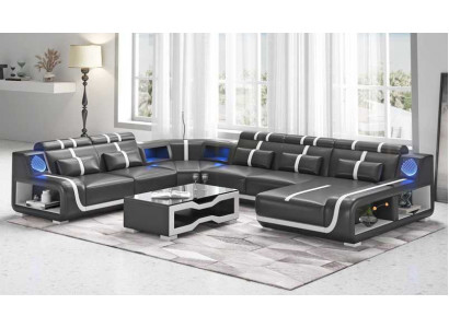 Żywy krajobraz XXL Sofa U Shape Duża Narożnikowa kanapa Skórzana Sofa Czarne Sofy