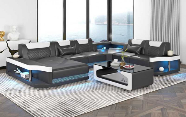 Duża sofa Żywy krajobraz LED XXL U kształt Narożnikowa kanapa skórzana sofa Czarny